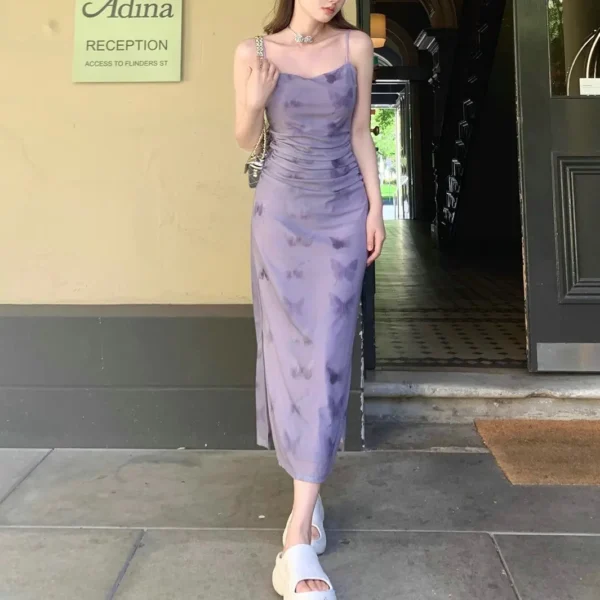 Women's French-style Purple Floral Spaghetti Strap Dress 2025 Spring Summer Beach Vacation Short / Long Female Dress Slim Fit - Image 5