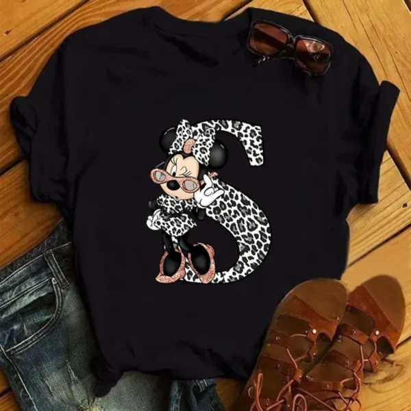 Disney Leopard Minnie Mouse A-Z 26 English Letters Women T-shirt Short Sleeve Balck Tops Tee Clothing for Woman - Image 6