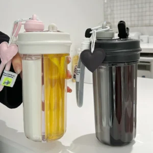 Water Bottle 2 in 1 Drinking Bottle with Compartment Straw Carrying Strap Reusable Drink Bottle for Daily Sports Gym