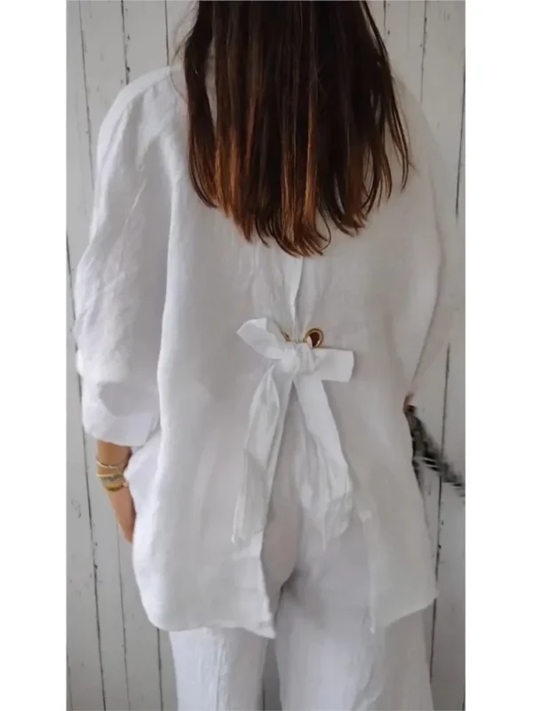 Loose Cotton Linen Shirts For Women Fashion Tie-back Lace-up Button Blouses And Tops 2024 Spring Summer Elegant Women's Shirt - Image 2