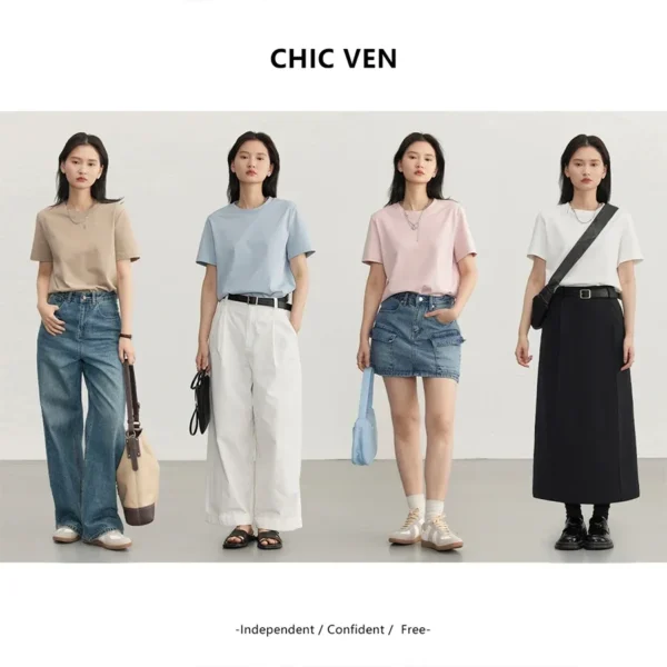 CHIC VEN Women's Tees Basic O Neck Short Sleeve Pullover T-shirt for Woman Solid Female Top Casual Ladies Tshirt Summer 2024 - Image 4
