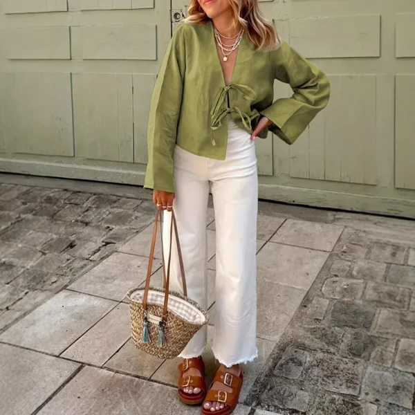 Elegant Long Sleeve V-Neck Solid Color Women's Shirt With Belt Cross-Border European And American Style For Commuting - Image 2