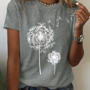 Dandelion Print Crew Neck T-Shirt, Casual Short Sleeve Top For Spring & Summer, Women's Clothing