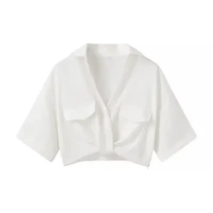 2024 Summer New Women's Cropped Shirt Tie Pocket Basic Shirt Solid Color Bohemian Style Casual Clothing From China