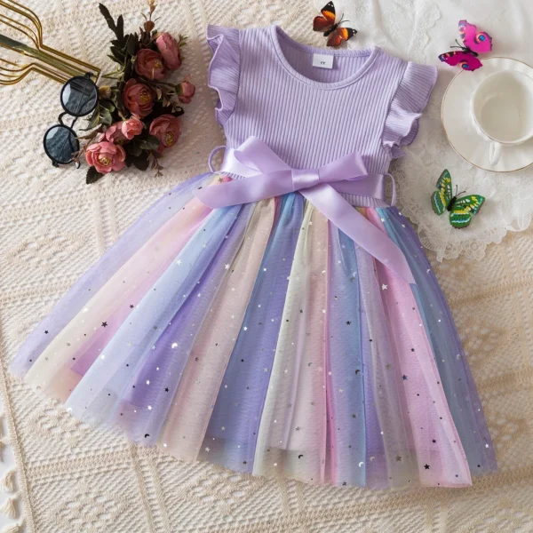 New Girls Dress for Sequins Birthday 1-5Y Toddler Girls Rainbow Tulle Dress Sweet Kids Princess Dress for Girls 2025 Summer Wear - Image 5