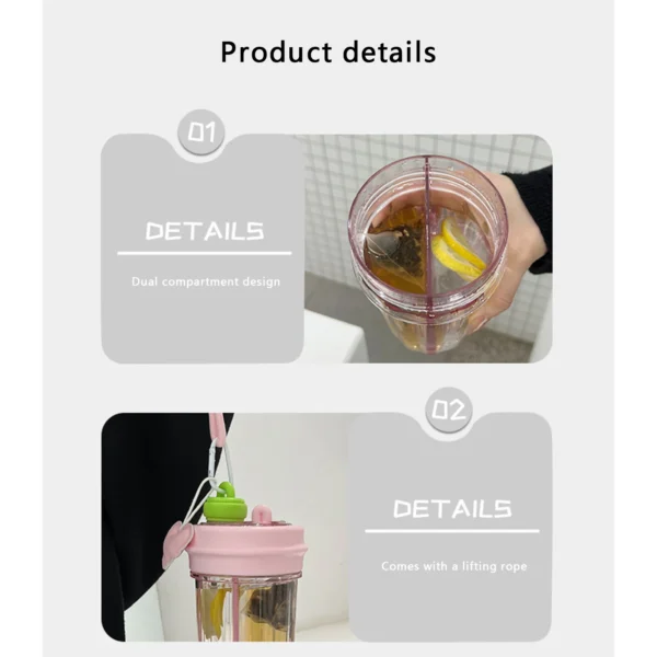 Water Bottle 2 in 1 Drinking Bottle with Compartment Straw Carrying Strap Reusable Drink Bottle for Daily Sports Gym - Image 5