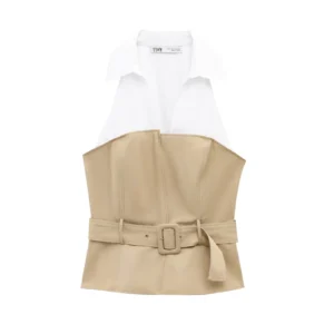 2025 Spring And Summer New Product with Belt Horse Clip Hanging Neck Collar Splicing Fashionable Sleeveless Collar Top