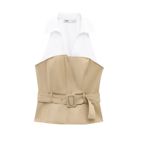 2025 Spring And Summer New Product with Belt Horse Clip Hanging Neck Collar Splicing Fashionable Sleeveless Collar Top