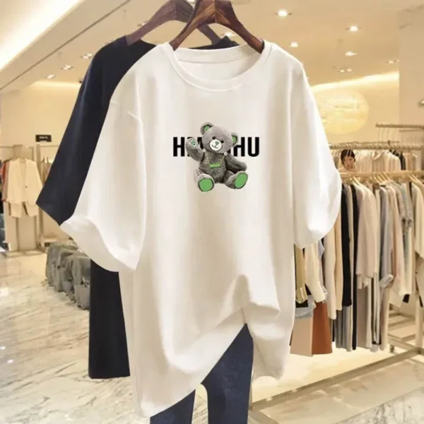 Summer Casual Loose Cartoon Print T-shirt Women Clothing Fashion Pure Cotton Basic Top Tee Lady Elegant Short Sleeve Pullovers - Image 2