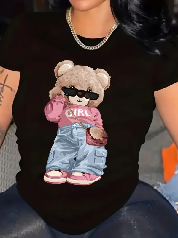 Cute Bear Print T-shirt Short Sleeve Crew Neck Casual Top For Summer & Spring Women's Clothing T Shirt Female Tops Streetwear - Image 2