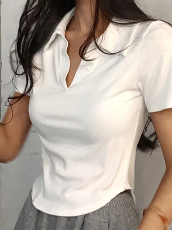 Summer Short Sleeve Lapel Top Women'S Solid V-Neck Pullovers Retro Sweet Shirts Hot Girl Crop Top Female Slim Versatile Tee - Image 6