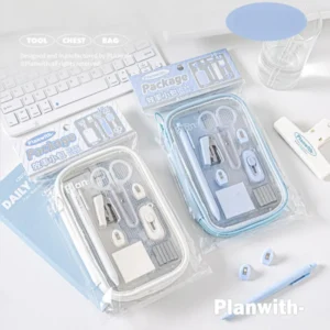 10pcs/bag Mini Student Stationary Set for Kids Simplicity Blue White Color Pen Ruler Stapler Scissors Knife Set School Supplies