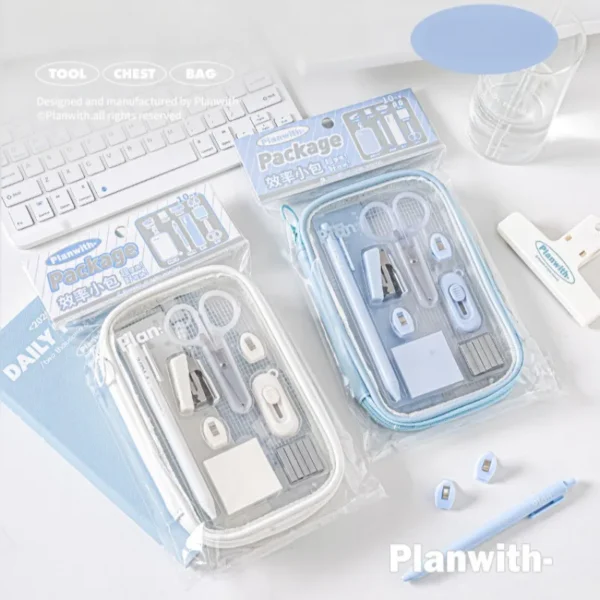 10pcs/bag Mini Student Stationary Set for Kids Simplicity Blue White Color Pen Ruler Stapler Scissors Knife Set School Supplies