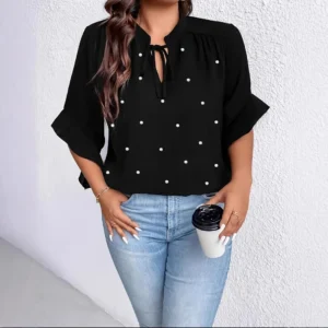 Large Size Shirt with Bow Tie Sleeve Edge And Artificial Pearl Button Women's Fashionable Casual Shirt from Mainland China